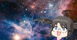  1girl :3 absurdres aru_(aru-dokuo) black_hair blue_eyes blush collared_shirt commentary_request empty_eyes glasses highres idolmaster idolmaster_shiny_colors mitsumine_yuika motion_lines nebula open_mouth photo_inset shirt solo space star_(sky) surprised twintails two-tone_shirt 