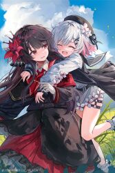  2girls :d armband artist_request bad_source beret black_capelet black_hair black_hat black_shirt black_skirt blue_sky capelet closed_eyes clouds collared_shirt copyright_notice crown day fang flower flower-trimmed_sleeves gradient_hair grass hair_flower hair_ornament hat highres hug hug_from_behind long_hair long_sleeves looking_at_another looking_back mahou_shoujo_no_majo_saiban multicolored_hair multiple_girls necktie nikaido_hiro o-ring o-ring_thigh_strap official_art open_mouth outdoors pink_hair red_armband red_eyes red_flower red_necktie red_skirt sakuraba_ema second-party_source shirt short_hair skirt sky smile socks standing standing_on_one_leg thigh_strap white_flower white_hair white_shirt white_socks x_hair_ornament 