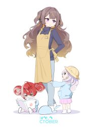  3girls absurdres aged_down alternate_costume anya_melfissa apron aqua_eyes black_sweater blonde_hair blonde_streaks blue_pants blue_shirt blunt_bangs brown_hair center-flap_bangs clothes_grab commentary diamond-shaped_pupils diamond_(shape) double-parted_bangs double_bun english_commentary fluffy_hair gradient_hair green_eyes hair_bun hat heterochromia highres hololive hololive_indonesia holoro invisible_floor kindergarten_uniform kureiji_ollie long_sleeves looking_at_another multicolored_eyes multicolored_hair multiple_girls pants parted_lips patchwork_skin pavolia_reine pink_skirt pleated_skirt reading red_eyes red_hair saltnvalk school_hat shirt simple_background skirt slippers stitched_face stitches streaked_hair sweater symbol-shaped_pupils toaster-kun_(anya_melfissa) turtleneck turtleneck_sweater two-tone_eyes two-tone_hair two_side_up violet_eyes virtual_youtuber wavy_hair wavy_sidelocks white_background white_hair white_streaks x-shaped_pupils yellow_apron yellow_eyes yellow_hat yurie_mouth 