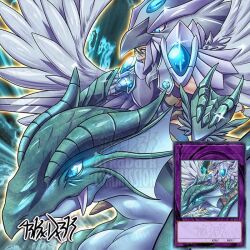  1girl arkadark_artist bird_hood card_(medium) dragon eye_trail fangs fusion glint guardian_eatos knight light_trail looking_ahead pectorals riding_dragon the_eye_of_timaeus yellow_aura yu-gi-oh! yu-gi-oh!_duel_monsters 