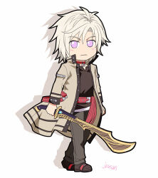  1boy artist_name black_pants chibi closed_mouth coat commentary_request curtained_hair eiyuu_densetsu grey_coat holding holding_sword holding_weapon leonhardt_(eiyuu_densetsu) lowres pants parted_bangs sora_no_kiseki sora_no_kiseki_sc sword trench_coat violet_eyes weapon white_background xiacheng_tatsuya 