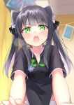  1girl absurdres all_fours animal_ear_fluff animal_ears bangs belt black_belt black_dress black_hair blue_archive blurry blurry_background breasts china_dress chinese_clothes commentary dress green_eyes green_ribbon hair_ornament halo highres kagamimochi_(hayamichi1117) long_hair looking_at_viewer medium_breasts open_mouth ribbon shun_(blue_archive) shun_(small)_(blue_archive) solo sweat tiger_ears tiger_girl twintails v-shaped_eyebrows 