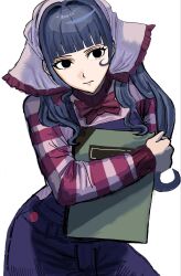  1girl ace_attorney apollo_justice:_ace_attorney black_hair blue_hair blue_overalls blunt_bangs bow closed_mouth commentary_request denim highres holding holding_notebook l1wawg long_hair long_sleeves looking_at_viewer notebook overalls red_bow solo striped_clothes striped_sweater sweater vera_misham white_background 