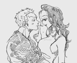  1boy 1girl anger_vein commentary_request eye_contact greyscale hebi_d_hebi highres hug japanese_clothes kimono long_hair looking_at_another monochrome nico_robin one_piece roronoa_zoro short_hair simple_background sleeveless smile upper_body v-shaped_eyebrows 