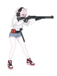  1girl absurdres ahoge ammunition benelli_m4 black_gloves clothes_writing commentary cutoffs doohan ear_protection full_body gloves grey_shorts gun hair_intakes highres holding holding_gun holding_weapon midriff navel nike_(company) original pink_hair red_shoes shirt shoes short_shorts short_sleeves shorts shotgun shotgun_shell simple_background socks solo standing violet_eyes weapon white_background white_shirt white_socks 