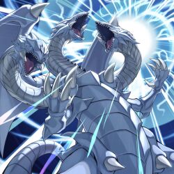  blue-eyes_ultimate_dragon claws commentary_request dragon dragon_wings duel_monster electricity energy_ball facial_mark forehead_mark multiple_heads no_humans open_mouth sharp_teeth teeth tusks wings yu-gi-oh! zealmaker 