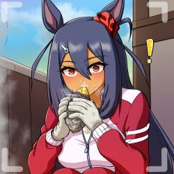  ! 1girl animal_ears black_hair blush breasts commentary_request dark-skinned_female dark_skin ear_scrunchie eating food gloves gym_shirt hair_between_eyes hair_ornament hairclip highres hishi_amazon_(umamusume) holding holding_food horse_ears horse_girl jacket korean_commentary large_breasts long_hair looking_at_viewer pants red_eyes red_jacket red_pants red_scrunchie red_track_suit revision roasted_sweet_potato rottenorang scrunchie shirt solo squatting striped_clothes striped_scrunchie sweet_potato tracen_training_uniform track_jacket track_pants track_suit umamusume very_long_hair viewfinder white_gloves white_shirt 