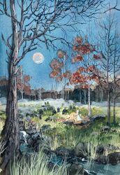  4others bare_tree blue_sky commentary english_commentary full_moon gouache_(medium) grass graveyard highres holding holding_lantern kate_avery lantern moon multiple_others original painting_(medium) scenery sky stream tombstone traditional_media tree wetland 