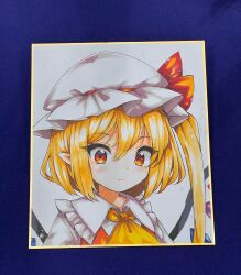  1girl ascot blonde_hair bow collared_shirt commentary_request crystal crystal_wings flandre_scarlet frilled_shirt_collar frills hat hat_bow highres mob_cap multicolored_wings one_side_up photo_(medium) portrait red_bow red_eyes red_vest shikishi shirt solo tatuhiro touhou traditional_media vest white_hat white_shirt wings yellow_ascot 