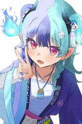  1girl achichi_mela aqua_hair black_hair black_horns blue_camisole blue_hair blue_happi braid camisole commentary_request fire_hair_ornament gradient_horns hair_ornament hairclip happi highres hololive horns japanese_clothes kurushiro1102 long_hair looking_at_viewer multicolored_hair multicolored_horns nail_polish pink_eyes solo split-color_hair tassel tassel_hair_ornament two_side_up v virtual_youtuber 