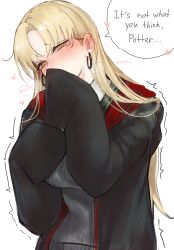  1girl @_@ ^^^ absurdres black_robe blonde_hair blush borrowed_clothes caught collared_shirt commentary commission covering_own_mouth ear_blush earrings english_commentary english_text genderswap genderswap_(mtf) grey_sweater half-closed_eyes hands_up harry_potter_(series) head_tilt heart heavy_breathing highres hogwarts_school_uniform hood hood_down hoop_earrings jewelry long_hair looking_at_viewer malfoid multicolored_robe nose_blush open_clothes open_robe red_robe robe school_uniform shirt simple_background sleeve_over_mouth sleeves_past_fingers sleeves_past_wrists slytherin smelling smelling_clothes solo speech_bubble sweater two-tone_robe white_background white_shirt wizarding_world yellow_eyes yotsutsu428 