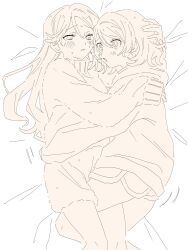  2girls absurdres blush commentary_request cuddling greyscale hand_on_another's_head highres long_hair love_live! love_live!_sunshine!! monochrome multiple_girls o_to_mo sakurauchi_riko short_hair shorts sweat sweater watanabe_you yuri 