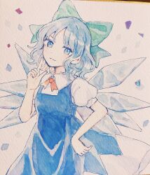  1girl blue_dress blue_eyes blue_hair bow cirno closed_mouth collared_shirt commentary cowboy_shot detached_wings dress green_bow hair_bow highres ice ice_wings index_finger_raised mozukuzu_(manukedori) neck_ribbon pinafore_dress puffy_short_sleeves puffy_sleeves red_ribbon ribbon shikishi shirt short_hair short_sleeves sleeveless sleeveless_dress smile solo touhou traditional_media white_shirt wings 