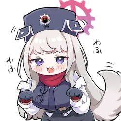  1girl black_hat black_necktie black_sweater_vest blonde_hair blue_archive breasts commentary_request deformed dog_girl dog_tail erina_(blue_archive) eyewear_hang fang fur_hat glasses gradient_halo halo hands_up harunatsu_(nekoneko_haruka) hat highres jacket kemonomimi_mode large_breasts long_hair looking_at_viewer multicolored_halo necktie open_mouth papakha purple_halo red_halo red_scarf scarf shirt simple_background solo sound_effects sweater_vest tail two-tone_halo unworn_eyewear upper_body vial violet_eyes white_background white_jacket white_shirt 