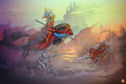 1girl 6+boys animal_ears armor barding battle bracer brown_claws castle cavalry commentary covered_face dagger english_commentary feathers flag grey_armor highres holding holding_polearm holding_sword holding_weapon horseback_riding imminent_death knife knight lance landscape leonardo's_fighting_vehicle lord_carmi military_vehicle motor_vehicle mouse_ears mouse_tail multiple_boys open_mouth partially_colored people pike_(weapon) polearm red_armor riding shield skaven stormvermin sword tail tank tilea_(warhammer_fantasy) warhammer_fantasy weapon 