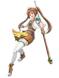  1girl antenna_hair armor bo_staff brown_gloves brown_hair chiga_akira commentary_request cropped_jacket eiyuu_densetsu estelle_bright fingerless_gloves gloves hair_intakes highres holding holding_staff leather leather_gloves open_mouth orange_skirt pauldrons red_eyes shoulder_armor single_pauldron skirt sora_no_kiseki sora_no_kiseki_sc staff thigh-highs twintails white_background white_thighhighs 