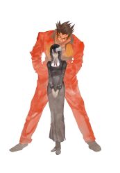  1boy 1girl ace_attorney bandaged_head bandages black_dress black_hair brown_hair dress formal_clothes full_body furio_tigre hands_in_pockets height_difference highres jacket long_dress long_hair long_sleeves manly open_clothes pants phoenix_wright:_ace_attorney_-_trials_and_tribulations red_jacket red_pants shirt short_hair simple_background spiky_hair standing suit tomato_muscle v_arms viola_cadaverini white_background 