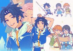  2boys 2girls aurora_(fire_emblem) black_hair blue_hair blue_hoodie breadgunn cai_castor castor_(fire_emblem:_fortune's_weave) closed_eyes commentary dark_skin facial_mark family father_and_child father_and_son fire_emblem fire_emblem:_fortune's_weave forehead_mark glasses highres hood hood_down hoodie long_hair looking_at_viewer low_twintails mother_and_child mother_and_son multiple_boys multiple_girls open_mouth orange_hair parent_and_child peter_(fire_emblem) pink_hair short_hair smile star_(symbol) star_facial_mark tialla_august twintails two-tone_hoodie white_hoodie yellow_eyes 