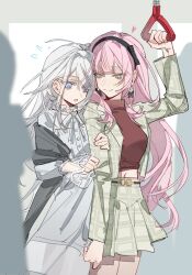  2girls bang_dream! bang_dream!_our_notes black_hairband breasts chinese_commentary closed_mouth commentary_request dress earrings green_eyes green_jacket grey_eyes grey_scarf hairband hand_grip highres izumi_houka jacket jackiemo0529 jewelry long_hair long_sleeves looking_at_another medium_breasts midriff multiple_girls navel open_clothes open_jacket people pink_hair plaid_clothes plaid_jacket plaid_skirt pleated_skirt scarf shiomi_hotaru skirt smile train_interior white_dress white_hair 