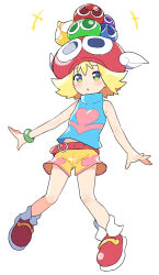  +++ 1girl ^_^ amitie_(puyopuyo) belt belt_buckle blonde_hair blue_eyes blue_shirt bracelet buckle closed_eyes commentary_request creature creature_on_head full_body green_eyes hat heart heart_print highres jewelry looking_at_creature looking_up midriff_peek namamoto parted_lips print_shirt puyo_(puyopuyo) puyopuyo puyopuyo_fever red_belt red_eyes red_hat red_shoes shirt shoes short_hair shorts simple_background sleeveless sleeveless_shirt slime_(creature) v-shaped_eyes violet_eyes white_background winged_hat yellow_shorts 