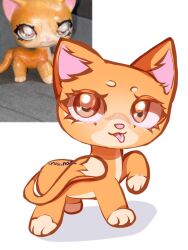  artist_name brown_eyes cat littlest_pet_shop looking_at_viewer nekkudumbo no_humans orange_cat orange_fur photo_inset reference_inset simple_background tail tongue tongue_out 