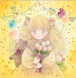  1girl balloon bib_collar bird blonde_hair blush bouquet bow commentary confetti cowboy_shot dress flower hair_bow holding holding_bouquet ice_cream_cone kamiya_kaori long_hair long_sleeves looking_at_viewer orange_bow original painting_(medium) parted_lips party pink_flower pink_tulip puffy_long_sleeves puffy_sleeves solo string_of_flags striped_bow stuffed_animal stuffed_rabbit stuffed_toy tareme teddy_bear traditional_media tulip watercolor_(medium) yellow_background yellow_dress yellow_eyes 