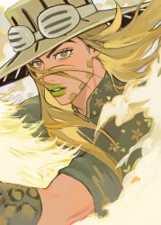  1boy arm_warmers blonde_hair commentary cowboy_hat floral_print goggles goggles_on_headwear green_eyes green_lips green_shirt gyro_zeppeli hat highres jojo_no_kimyou_na_bouken lipstick long_hair looking_at_viewer makeup male_focus shirt short_sleeves shuaitofu smoke solo steel_ball_run teeth untranslatable_commentary 