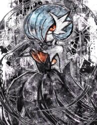  1girl alternate_color black_dress black_gloves blue_hair bob_cut colored_skin commentary_request dress elbow_gloves gardevoir gloves hair_over_one_eye highres looking_at_viewer mega_gardevoir mega_pokemon orange_eyes pokemon pokemon_(creature) shiny_pokemon strapless strapless_dress tsukihi_shida white_skin 