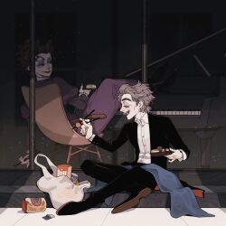  1boy 1girl bag black_jacket black_pants black_shoes black_suit blue_eyeshadow brown_hair chair chinese_commentary chopsticks closed_eyes collared_shirt commentary_request doctor_who eyeshadow food grand_piano grey_hair highres holding holding_chopsticks instrument jacket jar juanmao light_particles makeup makizushi missy_(doctor_who) on_chair open_clothes open_jacket open_mouth pants piano plastic_bag purple_shirt purple_skirt shirt shoes short_hair sitting skirt suit suit_jacket sushi the_doctor_(doctor_who) twelfth_doctor_(doctor_who) white_shirt 