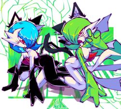  2girls alternate_color animal_ears artist_name black_dress black_gloves blue_hair bob_cut cat_ears cat_tail colored_skin derekin4k dress elbow_gloves gardevoir gloves green_hair green_skin hair_over_one_eye mega_gardevoir mega_pokemon multicolored_skin multiple_girls pink_eyes pokemon pokemon_(creature) shiny_pokemon single_paw_pose tail two-tone_skin white_dress white_skin 