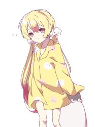  1girl blonde_hair boro_(tn-boro) cloud_hair_ornament cloud_print commentary_request hair_ornament holding holding_pillow long_hair magical_girl mahou_shoujo_ikusei_keikaku mahou_shoujo_ikusei_keikaku_unmarked multicolored_hair nemurin pajamas pillow pink_eyes pink_hair very_long_hair white_background yellow_pajamas 