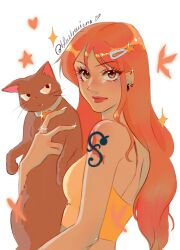  1girl alternate_costume animal bare_shoulders blueberriena breasts brown_cat brown_eyes cat closed_mouth earrings eyelashes from_side glint hair_ornament hairclip heart highres holding holding_animal holding_cat jewelry lips long_hair looking_at_viewer medium_breasts nail_polish nami_(one_piece) one_piece orange_hair red_lips ring scar scar_on_shoulder shoulder_tattoo simple_background sparkle star_(symbol) star_hair_ornament strapless tattoo tube_top twitter_username upper_body v wavy_hair white_background yellow_tube_top 
