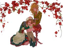  2girls beret black_shoes blonde_hair blue_eyes brown_hair commentary corset flower hand_on_another's_head hat highres kneehighs lap_pillow long_sleeves maid multiple_girls necktie ogi_(sendi03_) ponytail puffy_sleeves red_necktie red_skirt rose shannon_(umineko) shoes sitting skirt smile socks umineko_no_naku_koro_ni untranslatable_commentary ushiromiya_jessica 