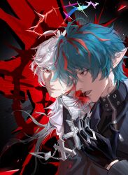  2boys absurdres arknights arknights:_endfield black_jacket blue_eyes blue_hair camille_(arknights) char_(arknights) chinese_commentary commentary_request halo highres jacket male_focus multicolored_hair multiple_boys open_mouth pointy_ears red_background red_eyes red_halo shi_a_dong_ya short_hair smile spiked_halo streaked_hair white_hair 