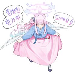  1girl angel_wings blue_archive blue_hair blue_hanbok blush chima_(clothes) commentary_request feathered_wings flower gradient_hair gradient_halo hair_bun hair_flower hair_ornament halo hanbok highres ilyowal korean_clothes korean_commentary long_hair long_sleeves looking_at_viewer low_wings mika_(blue_archive) multicolored_hair multicolored_halo pink_hair pink_halo pink_hanbok simple_background single_side_bun smile solo speech_bubble translation_request white_background white_wings wings yellow_eyes 