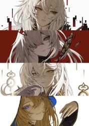 4girls asmoday_(genshin_impact) ave_eiler_(eilerchan) black_dress blue_eyes braid closed_mouth commentary dress earrings empty_eyes extra_eyes eyelashes flower-shaped_pupils fur_trim genshin_impact glitch gloves grey_hair hair_between_eyes hair_over_one_eye hand_up heterochromia highres istaroth_(genshin_impact) jewelry lips long_hair looking_at_viewer looking_to_the_side multiple_girls orange_eyes purple_gloves red_background rhinedottir_(genshin_impact) ronova_(genshin_impact) side_braid sidelocks simple_background single_braid smile star_(symbol) star_earrings symbol-shaped_pupils teeth veil very_long_hair white_background white_hair white_veil yellow_eyes 