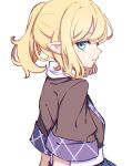  1girl absurdres blonde_hair brown_shirt green_eyes highres kame_(kamepan44231) looking_to_the_side mizuhashi_parsee one-hour_drawing_challenge parted_lips pointy_ears shirt short_hair short_ponytail short_sleeves simple_background solo touhou upper_body white_background 