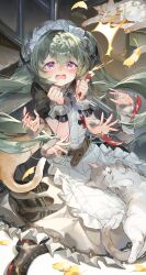 1girl @_@ absurdres afterimage apron black_boots boots cat chain chap_sal_! commentary corin_wickes cuffs ginkgo_leaf hair_between_eyes highres leaf long_hair looking_at_viewer maid maid_apron maid_headdress open_mouth puffy_short_sleeves puffy_sleeves screw_hair_ornament short_sleeves solo twintails violet_eyes zenless_zone_zero 