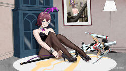  1girl absurdres animal_ears asta_(honkai:_star_rail) black_leotard bow bowtie cyanliu66 detached_collar fake_animal_ears high_heels highres honkai:_star_rail honkai_(series) leotard pantyhose playboy_bunny rabbit_ears short_hair sitting strapless strapless_leotard wrist_cuffs 