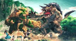  2girls 6+boys animal backwards_hat baseball_cap bird black_horns blue_gem breasts building chicken child claws commentary_request day destruction dog duel dust dust_cloud externally_piloted_mecha fairy fat fat_man fleeing forehead_jewel forward-facing_horns gem giant giant_monster golem hat horns looking_at_another mane mecha monster multiple_boys multiple_girls open_clothes original outdoors robot running small_breasts standing tongue tree urasato village 