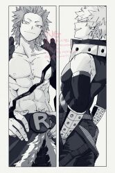  2boys abs bakugou_katsuki bare_shoulders boku_no_hero_academia border closed_mouth collarbone commentary_request fingernails from_behind greyscale hair_horns hands_in_pockets hands_on_own_hips highres kirishima_eijiro looking_at_viewer male_focus meeco monochrome multiple_boys navel nipples pectorals short_hair simple_background spiky_hair watermark white_background white_border 