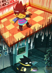  1girl 1other absurdres alphys androgynous blue_shorts boots bowl brown_boots brown_hair closed_eyes colored_skin commentary_request flashlight flashlight_beam flower_pot frisk_(undertale) furry furry_female highres holding holding_bowl holding_flashlight parted_lips pet_bowl plant potted_plant short_hair shorts undertale utdr_(toby_fox) watawata22 yellow_skin 