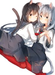  1girl animal_ear_fluff animal_ears blush brown_eyes brown_hair cat_ears cat_girl cat_tail closed_mouth commentary_request dot_nose feet_out_of_frame full_body grey_eyes grey_hair hair_between_eyes heripiro high-waist_skirt highres holding_hands interlocked_fingers long_hair neckerchief one_eye_closed original raised_eyebrows red_neckerchief red_thighhighs school_uniform serafuku signature simple_background skirt smile tail thigh-highs very_long_hair white_background yuri 