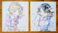  2girls absurdres artist_request black_hair black_skirt blonde_hair breasts collared_dress collared_shirt commentary_request contrast_collar dateless_bar_"old_adam" dress hairband highres maribel_hearn medium_hair multiple_girls open_mouth photo_(medium) purple_dress shikishi shirt short_sleeves signature simple_background skirt touhou traditional_media upper_body usami_renko white_background white_hairband white_shirt yellow_eyes 