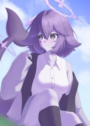  1girl absurdres alternate_costume black_socks blue_sky blush breasts buttons closed_mouth clouds collared_shirt colored_skin commentary crystal darksoulx05 day english_commentary eyelashes fang fins fish_tail grass grey_skin hair_between_eyes hair_flaps halo highres indie_virtual_youtuber long_sleeves megalodon_(vtuber) outdoors purple_hair purple_halo shark_girl shark_tail shirt sitting skin_fang sky sleeves_past_wrists smile socks solo star-shaped_pupils star_(symbol) symbol-shaped_pupils tail violet_eyes virtual_youtuber white_shirt 