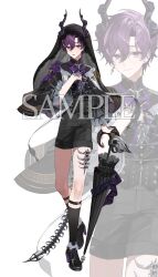  1boy absurdres black_cape black_corset black_horns black_shorts black_socks black_veil bow bowtie cape chap_yun claw_ring commentary_request corset cross curtained_hair demon_horns different_zoom_layer earrings flower full_body hair_between_eyes hand_up heel_up high_collar highres holding holding_umbrella horn_flower horns jewelry korean_commentary lace-trimmed_veil lace_trim layered_sleeves looking_at_viewer male_focus mole mole_under_eye multicolored_hair official_alternate_costume official_art oto_rainy parasol purple_bow purple_bowtie purple_flower purple_hair purple_rose rose sample_watermark scorpion_tail shirt short_hair shorts simple_background skoshism smile socks standing stole streaked_hair tail triangle_mouth umbrella utaite veil violet_eyes virtual_youtuber watermark white_background white_shirt zoom_layer 