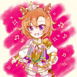  1girl animal_ears armor blush breasts cape commentary crown gold_corset hair_between_eyes highres horse_ears horse_girl horse_tail jewelry kuromori_yako long_sleeves looking_at_viewer mini_crown musical_note open_mouth orange_hair orange_tail pink_cape pink_crown shirt short_hair shoulder_armor skirt smile solo t.m._opera_o_(o_sole_suo!)_(umamusume) t.m._opera_o_(umamusume) tail thigh-highs two-tone_skirt umamusume untranslatable_commentary violet_eyes white_shirt white_thighhighs 