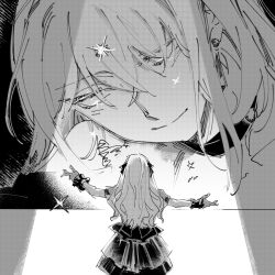  2girls absurdres bang_dream! bang_dream!_it's_mygo!!!!! closed_mouth commentary doloris_(bang_dream!) earrings facing_away greyscale highres jewelry layered_skirt long_hair looking_at_another medium_hair misumi_uika monochrome multiple_girls nideaneng oblivionis_(bang_dream!) outstretched_arms pleated_skirt size_difference skirt smile sparkle spotlight spread_arms standing togawa_sakiko untranslatable_commentary wrist_cuffs 