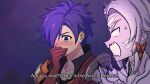  1boy 1other arval_(fire_emblem) black_shirt blank_eyes blue_eyes blush collarbone commentary english_commentary facial_mark fire_emblem fire_emblem:_three_houses forehead gloves hair_over_one_eye hand_to_own_mouth highres kawaii_dake_ja_nai_shikimori-san looking_at_another lopuii night night_sky nose_blush open_mouth outdoors portrait profile purple_hair red_gloves shez_(fire_emblem) shez_(fire_emblem)_(male) shirt short_hair sky v-shaped_eyebrows whisker_markings white_hair 