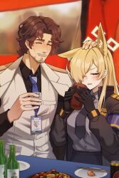  1boy 1girl absurdres alcohol animal_ear_fluff animal_ears armband artistic_error beard_stubble black_jacket black_shirt blonde_hair blue_archive blue_necktie blue_shirt blue_vest breasts brown_hair closed_eyes coat coat_on_shoulders commentary commission cup dog_ears dog_girl dress_shirt drinking_glass facial_hair food glass_bottle hair_over_one_eye halo headpat highres holding holding_cup id_card izakaya jacket kanna_(blue_archive) large_breasts light_blush long_hair long_sleeves necktie noonnoon531 purple_armband sensei_(blue_archive) sharp_teeth shirt short_hair shot_glass smile stubble teeth vest white_coat white_halo 